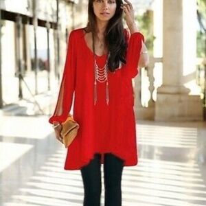 Tobi Red Chiffon Split Sleeve Tunic Dress